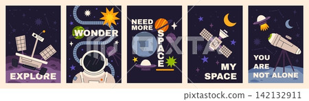 Space poster. Cosmos banner. Funny galactic elements, astronaut, constellations, planets, rocket, aliens on posters with funny lettering and quotes. Line doodle vector set Space poster. Cosmos banner. Funny galactic elements, astronaut, constellations, planets, rocket, aliens on posters with funny lettering and quotes. Line doodle vector set 142132911