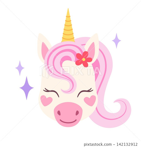Cute unicorn head. Cartoon pony face. Funny color magic horse avatar with horn. Fairytale animal with decorative elements, flowers, crown, bow. Vector cute character Cute unicorn head. Cartoon pony face. Funny color magic horse avatar with horn. Fairytale animal with decorative elements, flowers, crown, bow. Vector cute character 142132912