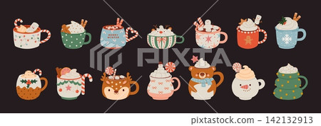Christmas mugs. Holiday cups with winter hot drinks. Cartoon cozy cacao, chocolate, milk, coffee, tea with cream, marshmallows, candy stick, cookie, gingerbread. Vector set Christmas mugs. Holiday cups with winter hot drinks. Cartoon cozy cacao, chocolate, milk, coffee, tea with cream, marshmallows, candy stick, cookie, gingerbread. Vector set 142132913