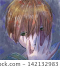 An illustration of a boy with a dark, downcast expression. 142132983