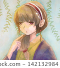 An illustration of a girl in traditional Japanese clothing with a delicate appearance. 142132984