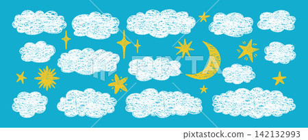 Crayon cloud, star moon sky element set cute drawn chalk pastel shapes naive childish style design Crayon cloud, star moon sky element set cute drawn chalk pastel shapes naive childish style design 142132993