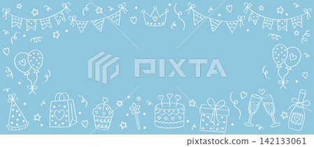 Birthday Party Doodle Frame with White Balloons, Bunting, Crown, Cake, Gifts, Champagne, Cupcake, Party Hat, Hearts and Confetti on Blue Background with Large Copy Space Birthday Party Doodle Frame with White Balloons, Bunting, Crown, Cake, Gifts, Champagne, Cupcake, Party Hat, Hearts and Confetti on Blue Background with Large Copy Space 142133061