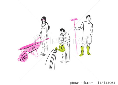 People Gardening Together, Gardeners with Wheelbarrow, Watering Can and Rake, Outdoor Garden Work and Teamwork Vector Illustration People Gardening Together, Gardeners with Wheelbarrow, Watering Can and Rake, Outdoor Garden Work and Teamwork Vector Illustration 142133063
