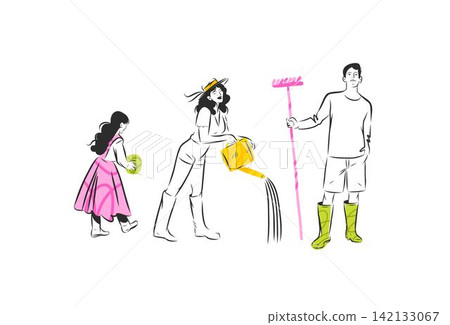 Gardening People Set with Woman, Man and Child, Gardeners Watering Plants and Working with Garden Tools, Spring Outdoor Activities Hand Drawn Vector Illustration 142133067