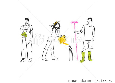 Gardeners Working in Garden, Man Holding Fresh Vegetables, Woman Watering Plants and Gardener with Rake, Gardening Vector Illustration Gardeners Working in Garden, Man Holding Fresh Vegetables, Woman Watering Plants and Gardener with Rake, Gardening Vector Illustration 142133069