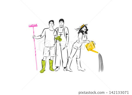 People Gardening Together, Gardeners with Rake, Fresh Vegetables and Watering Can, Sustainable Garden Work and Teamwork Vector Illustration People Gardening Together, Gardeners with Rake, Fresh Vegetables and Watering Can, Sustainable Garden Work and Teamwork Vector Illustration 142133071