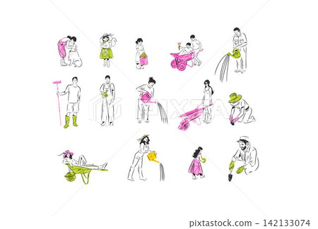 Family Gardening Set, Children Parents and Grandparents Working in Garden, Multigenerational Gardeners with Pets, Plants and Gardening Tools Vector Collection Family Gardening Set, Children Parents and Grandparents Working in Garden, Multigenerational Gardeners with Pets, Plants and Gardening Tools Vector Collection 142133074