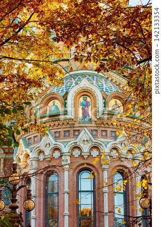 The golden domes of the cathedral were Saved on Blood through yellow foliage and the wrought-iron gates of the Mikhailovsky Garden on a sunny autumn evening The golden domes of the cathedral were Saved on Blood through yellow foliage and the wrought-iron gates of the Mikhailovsky Garden on a sunny autumn evening 142133354