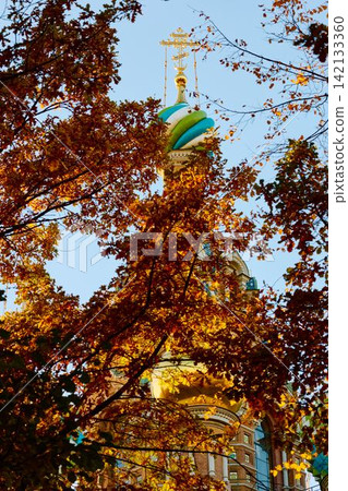 The golden domes of the cathedral were Saved on Blood through yellow foliage and the wrought-iron gates of the Mikhailovsky Garden on a sunny autumn evening The golden domes of the cathedral were Saved on Blood through yellow foliage and the wrought-iron gates of the Mikhailovsky Garden on a sunny autumn evening 142133360
