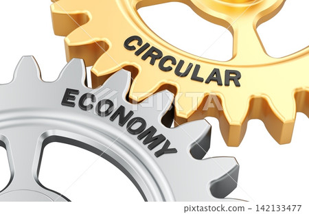 Circular Economy interlocking gears. 3D rendering Circular Economy interlocking gears. 3D rendering 142133477