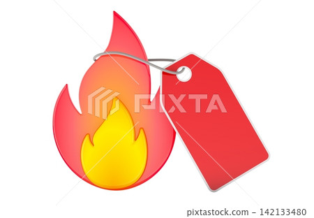 Flame with price tag. Hot sale and special promotion, concept. 3D rendering Flame with price tag. Hot sale and special promotion, concept. 3D rendering 142133480