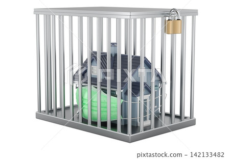 House in locked cage with face mask for quarantine and lockdown concept. 3D rendering House in locked cage with face mask for quarantine and lockdown concept. 3D rendering 142133482