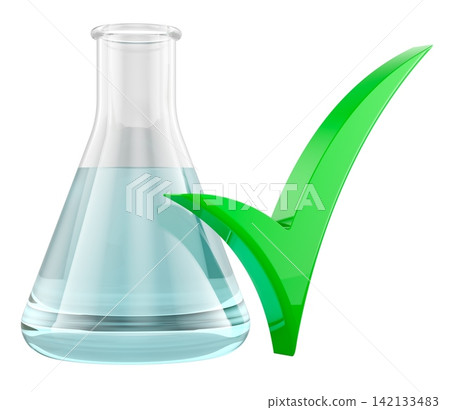 Laboratory flask with green check mark for successful test and quality control. 3D rendering Laboratory flask with green check mark for successful test and quality control. 3D rendering 142133483