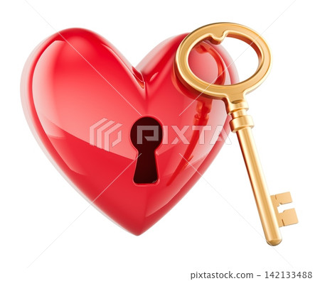Red Heart with keyhole and golden key, love and relationship concept. 3D rendering Red Heart with keyhole and golden key, love and relationship concept. 3D rendering 142133488