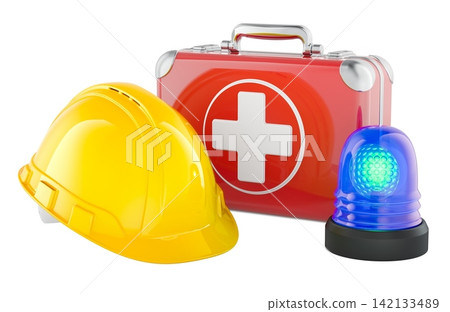 Safety helmet, first aid kit and emergency beacon for workplace safety. 3D rendering Safety helmet, first aid kit and emergency beacon for workplace safety. 3D rendering 142133489