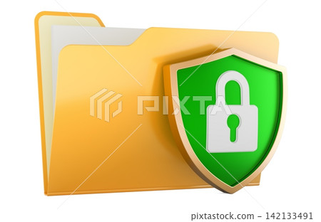 Secure folder with shield and padlock for data protection and file security. 3D rendering Secure folder with shield and padlock for data protection and file security. 3D rendering 142133491