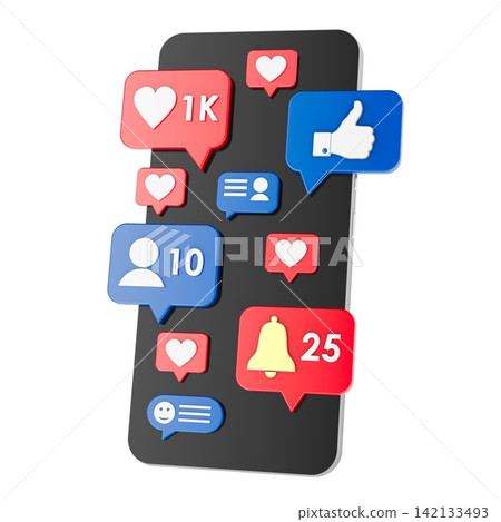 Smartphone with social media notifications for online engagement and communication. 3D rendering Smartphone with social media notifications for online engagement and communication. 3D rendering 142133493