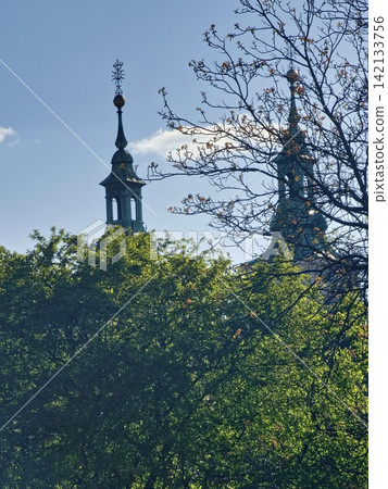 Historic Church Spires Rising Above Spring Trees in Krakow Historic Church Spires Rising Above Spring Trees in Krakow 142133756