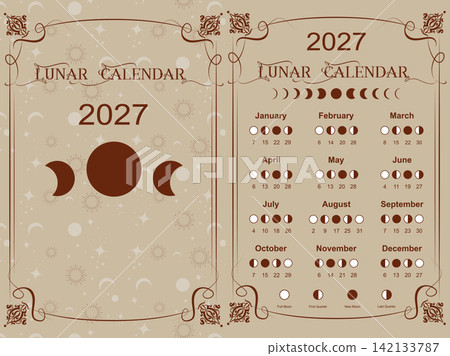 Moon calendar 2027 and Moon Phases. Lunar phases schedule and cycles, poster template design printable and cover banner design, vector illustration isolated on vintage retro style background Moon calendar 2027 and Moon Phases. Lunar phases schedule and cycles, poster template design printable and cover banner design, vector illustration isolated on vintage retro style background 142133787