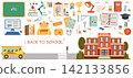 Colorful back to school collection featuring school supplies, books, notebooks, backpack, microscope, computer, classroom objects, school bus and school building 142133856