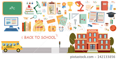 Colorful back to school collection featuring school supplies, books, notebooks, backpack, microscope, computer, classroom objects, school bus and school building 142133856