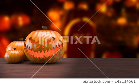 Glowing Scary Jack O Lantern Among Autumn Pumpkins 3d render. Glowing Scary Jack O Lantern Among Autumn Pumpkins 3d render. 142134561