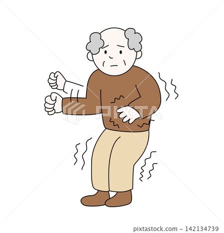 The image shows an elderly man with Parkinson's disease whose hands and feet are trembling. The image shows an elderly man with Parkinson's disease whose hands and feet are trembling. 142134739