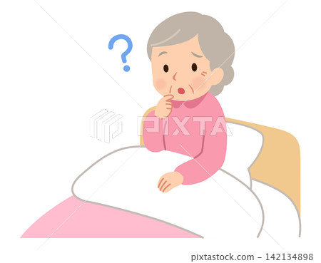 An elderly woman sitting on a bed speaks, asks questions, and has an expression. 142134898