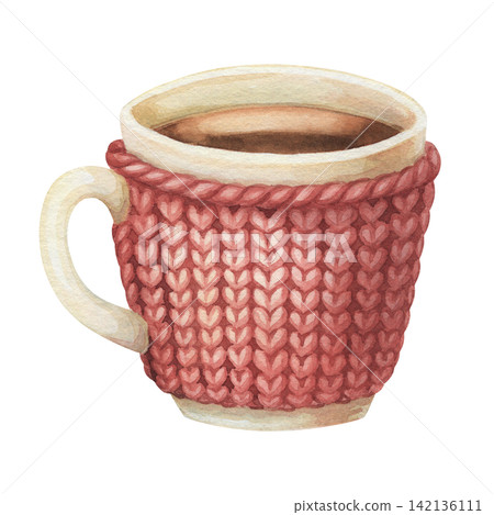 Watercolor white cup with red heart knitted pattern and hot coffee. Vintage winter mug creates a cozy Christmas design. Great for card poster and sticker use. Cafe and home decoration seasonal art. Watercolor white cup with red heart knitted pattern and hot coffee. Vintage winter mug creates a cozy Christmas design. Great for card poster and sticker use. Cafe and home decoration seasonal art. 142136111