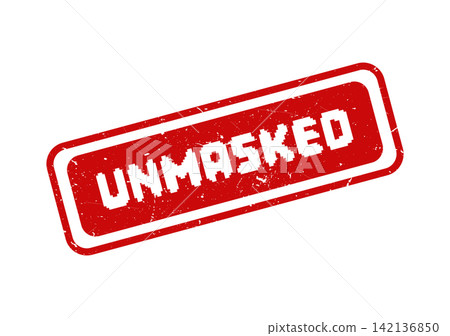 A bold red grunge textured rectangular stamp with the powerful word UNMASKED in striking pixelated white lettering A bold red grunge textured rectangular stamp with the powerful word UNMASKED in striking pixelated white lettering 142136850