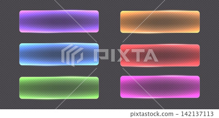 Transparent glass buttons with glowing neon edges. Futuristic rounded action buttons. Transparent glass buttons with glowing neon edges. Futuristic rounded action buttons. 142137113