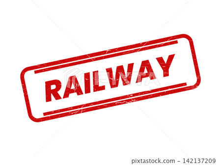 A classic distressed red rubber stamp featuring the prominent word RAILWAY, representing train travel and infrastructure A classic distressed red rubber stamp featuring the prominent word RAILWAY, representing train travel and infrastructure 142137209
