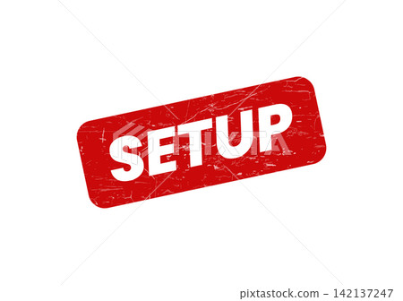 A commercial red grunge rubber stamp displaying the word SETUP on an isolated clean space A commercial red grunge rubber stamp displaying the word SETUP on an isolated clean space 142137247