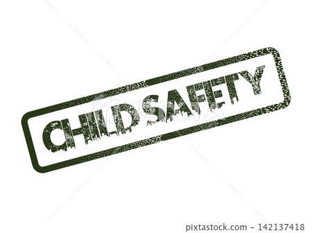 A dark green textured stamp prominently featuring the essential message CHILD SAFETY for childrens wellbeing 142137418
