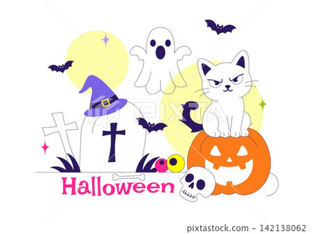 Halloween Vector Illustration Featuring Spooky Pumpkin, Ghost, Tombstone, and Festive Decorations In a Flat Cartoon Background Halloween Vector Illustration Featuring Spooky Pumpkin, Ghost, Tombstone, and Festive Decorations In a Flat Cartoon Background 142138062