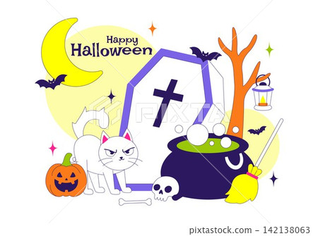 Halloween Vector Illustration Featuring Spooky Pumpkin, Ghost, Tombstone, and Festive Decorations In a Flat Cartoon Background Halloween Vector Illustration Featuring Spooky Pumpkin, Ghost, Tombstone, and Festive Decorations In a Flat Cartoon Background 142138063