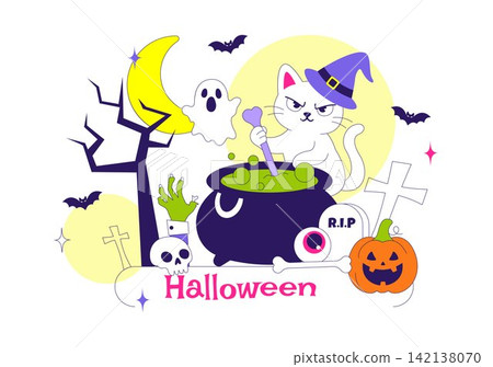 Halloween Vector Illustration Featuring Spooky Pumpkin, Ghost, Tombstone, and Festive Decorations In a Flat Cartoon Background Halloween Vector Illustration Featuring Spooky Pumpkin, Ghost, Tombstone, and Festive Decorations In a Flat Cartoon Background 142138070