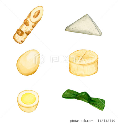 Watercolor illustration of a set of 6 oden ingredients 142138159