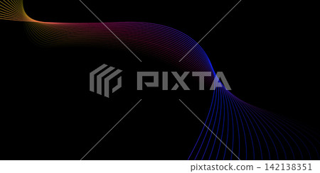 A wave of lines flows across the top of a black background, with a gradient from yellow to pink to blue. A wave of lines flows across the top of a black background, with a gradient from yellow to pink to blue. 142138351