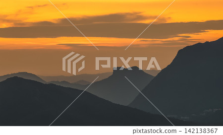 Hong Kong Aug 5 2026 Lion Rock mountain silhouette against vibrant sunset sky Hong Kong Aug 5 2026 Lion Rock mountain silhouette against vibrant sunset sky 142138367