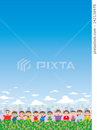 Background material: Frame of children in the city - fun, joyful, elementary school students, sunny day, city buildings, vertical orientation. Background material: Frame of children in the city - fun, joyful, elementary school students, sunny day, city buildings, vertical orientation. 142138476