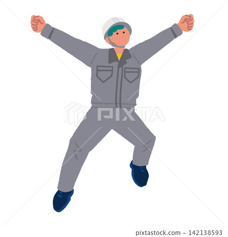 An illustration of a worker wearing a helmet jumping with a triumphant gesture. An illustration of a worker wearing a helmet jumping with a triumphant gesture. 142138593