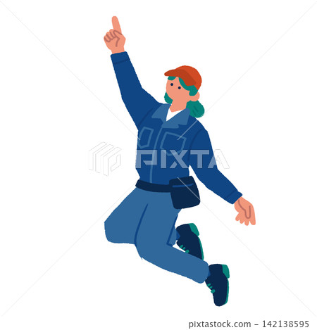 An illustration of a female worker jumping with her finger pointing upwards. An illustration of a female worker jumping with her finger pointing upwards. 142138595