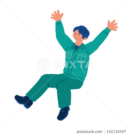 A jumping illustration of a male worker raising both hands in joy. A jumping illustration of a male worker raising both hands in joy. 142138597