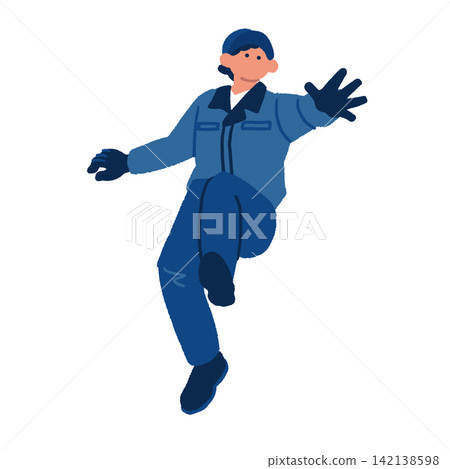 一幅男性工人充滿活力地跳躍,一隻手臂伸展的插圖。 一幅男性工人充滿活力地跳躍,一隻手臂伸展的插圖。 142138598