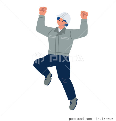 An illustration of a worker wearing a helmet jumping with a triumphant gesture. An illustration of a worker wearing a helmet jumping with a triumphant gesture. 142138606