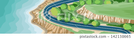 Landscape top view of scenic coastal winding asphalt road. Curving along green cliffs and the blue sea from a high angle view. Landscape top view of scenic coastal winding asphalt road. Curving along green cliffs and the blue sea from a high angle view. 142138665