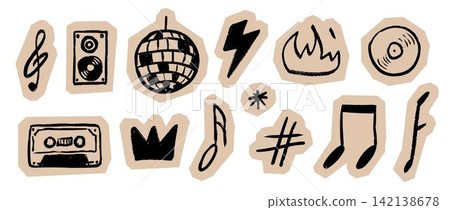 Scrapbook hand drawn music sticker collection. Crayon doodle music set on cutout paper. Collage style scribble symbols with disco ball, speaker, fire, cassette, vinyl. Vector festival poster pack Scrapbook hand drawn music sticker collection. Crayon doodle music set on cutout paper. Collage style scribble symbols with disco ball, speaker, fire, cassette, vinyl. Vector festival poster pack 142138678