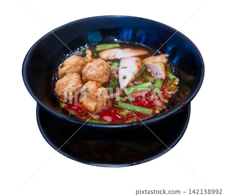 Top view of Spicy Yen Ta Fo noodles with a bold kick, focus selective Top view of Spicy Yen Ta Fo noodles with a bold kick, focus selective 142138992